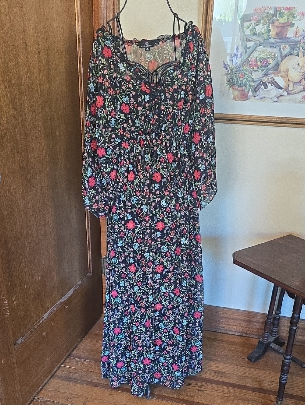 Curations Black Floral Maxi Dress with Pink/Red Blooms